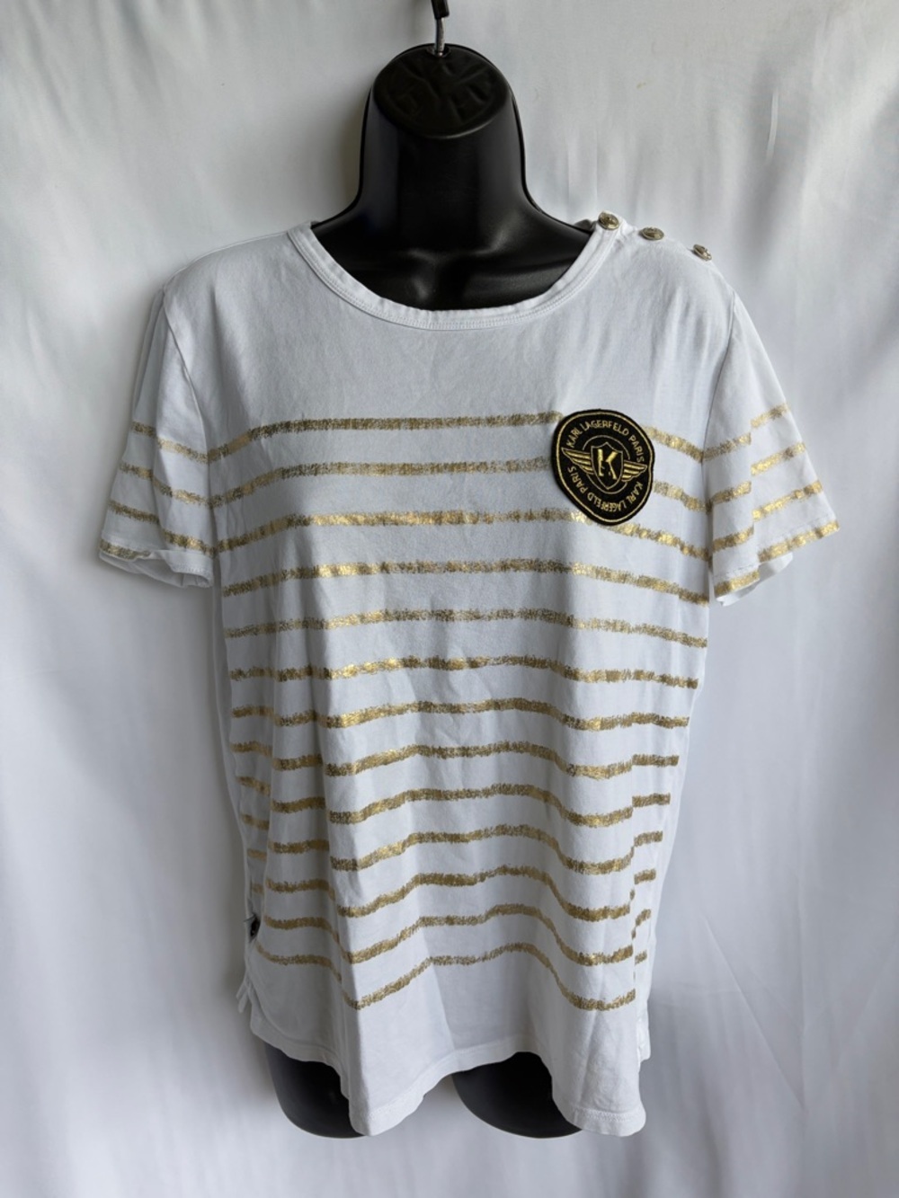 Karl Lagerfeld Paris Gold white Stripe Tee Top Size S, 19โ PTP, 23โ L